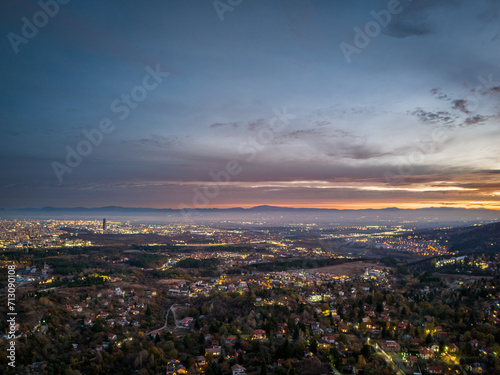 City of Sofia at sunrise with mist taken by a drone