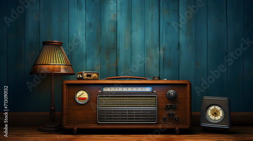 Vintage blue radio receiver on wood table. Wallpaper photo