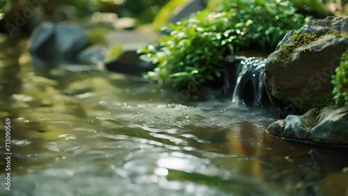 The gentle sound of water trickling in a serene Zen garden. photo