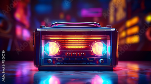 Vintage style radio receiver on the floor neon light photo