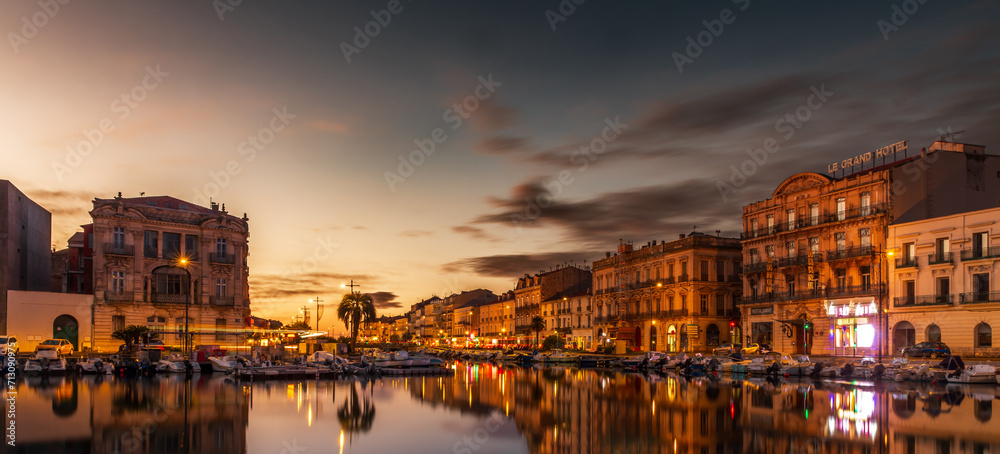 Blue hour on the royal canal in Sete, Herault, Occitanie, France