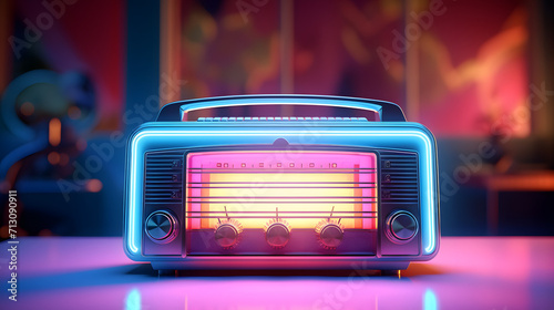 Vintage style radio receiver on the floor neon light