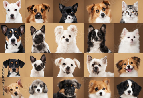 pet group of cute dogs and an adorable cat - collage for veterinary or petshop isolated