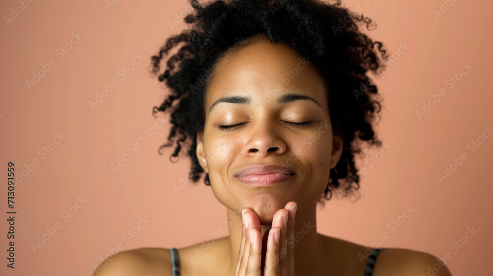 Woman with closed eyes, hands on cheeks. Woman with closed eyes, hands on cheeks.
