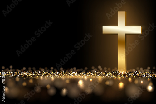 Christian gold cross and glitter of golden particles, realistic holy church, faith symbol photo