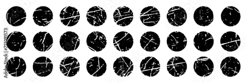Stamp of shape circle frame vector illustration set. Round labels with paintbrush scratch texture, ink smear splash, logo grunge style, black circular element design collection isolated on white