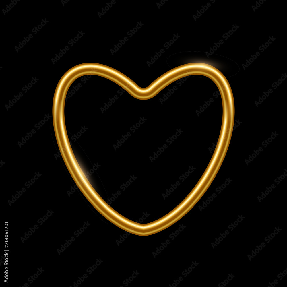 Gold heart shape frame. Blank space, 3d realistic tube template for ranking or rating vector illustration. Simple golden object mockup isolated on black background Gold heart shape frame. Blank space, 3d realistic tube template for ranking or rating vector illustration. Simple golden object mockup isolated on black background