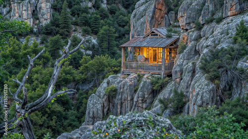 Cabin nestled among rocky cliffside trees. © RISHAD