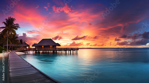 tropical sunset on the beach sea, beach, water, sunset, maldives, ocean, island, tropical, sky, resort, house, nature, bungalow, hotel, holiday, lagoon, vacation Generative AI 