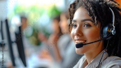 A woman wearing a headset and a microphone, positive and energetic call center operator.