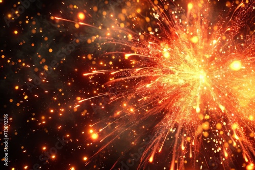 Bright orange and yellow sparks are exploding in various directions photo