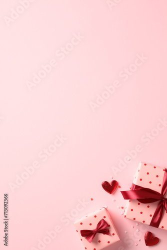 Valentine's Day gift boxes and decorations on vertical pink background.