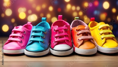 Various colorful kid shoes decoration, with soft focus light and bokeh background