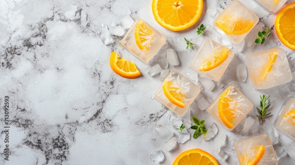 Orange slices in ice cubes on a marble background with fresh herbs. Orange slices in ice cubes on a marble background with fresh herbs.