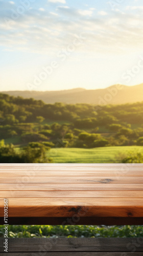 Wooden table spring nature bokeh background, empty wood desk product display mockup with green park sunny blurry abstract garden backdrop landscape ads showcase presentation. Mock up, copy space.