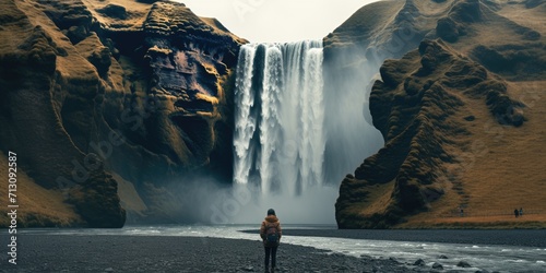 Woman overlooking waterfall at skogafoss  Iceland.