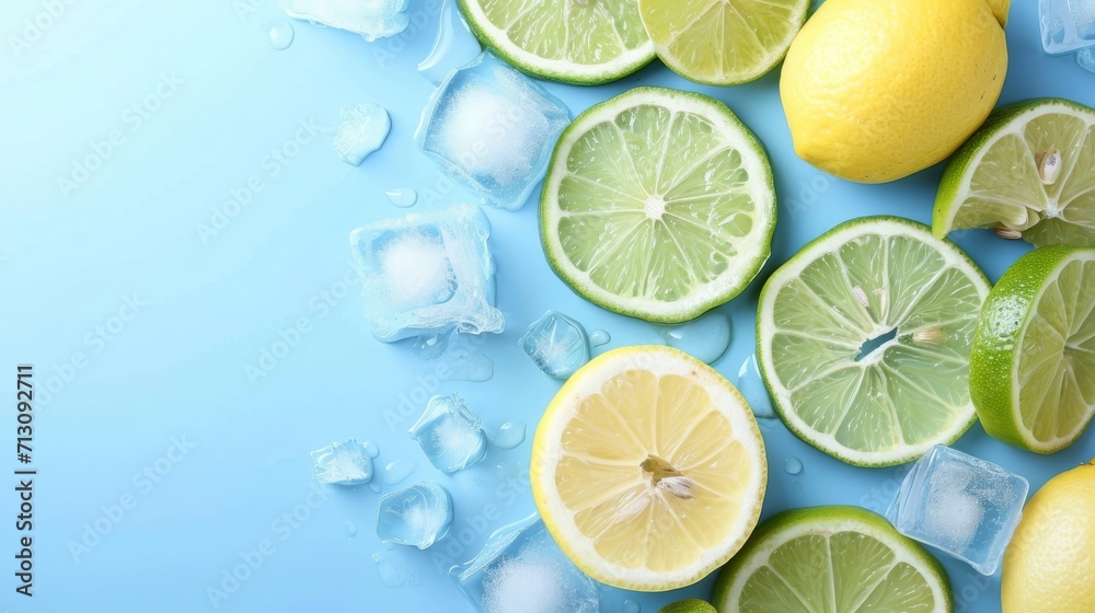 Lime wedges and mint in glasses with ice on a blue background. Lime wedges and mint in glasses with ice on a blue background.