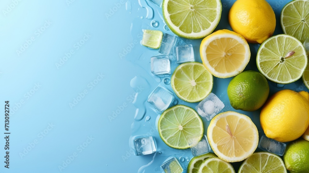 Lime wedges and mint in glasses with ice on a blue background. Lime wedges and mint in glasses with ice on a blue background.