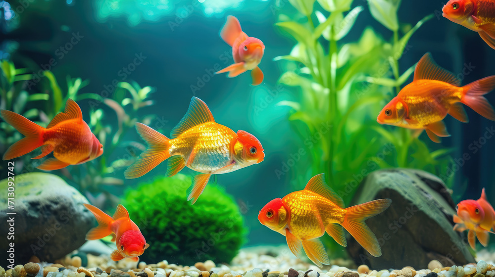 Naklejka premium Group of Goldfish Swimming in an Aquarium, Peaceful Underwater Scene of Colorful Fish