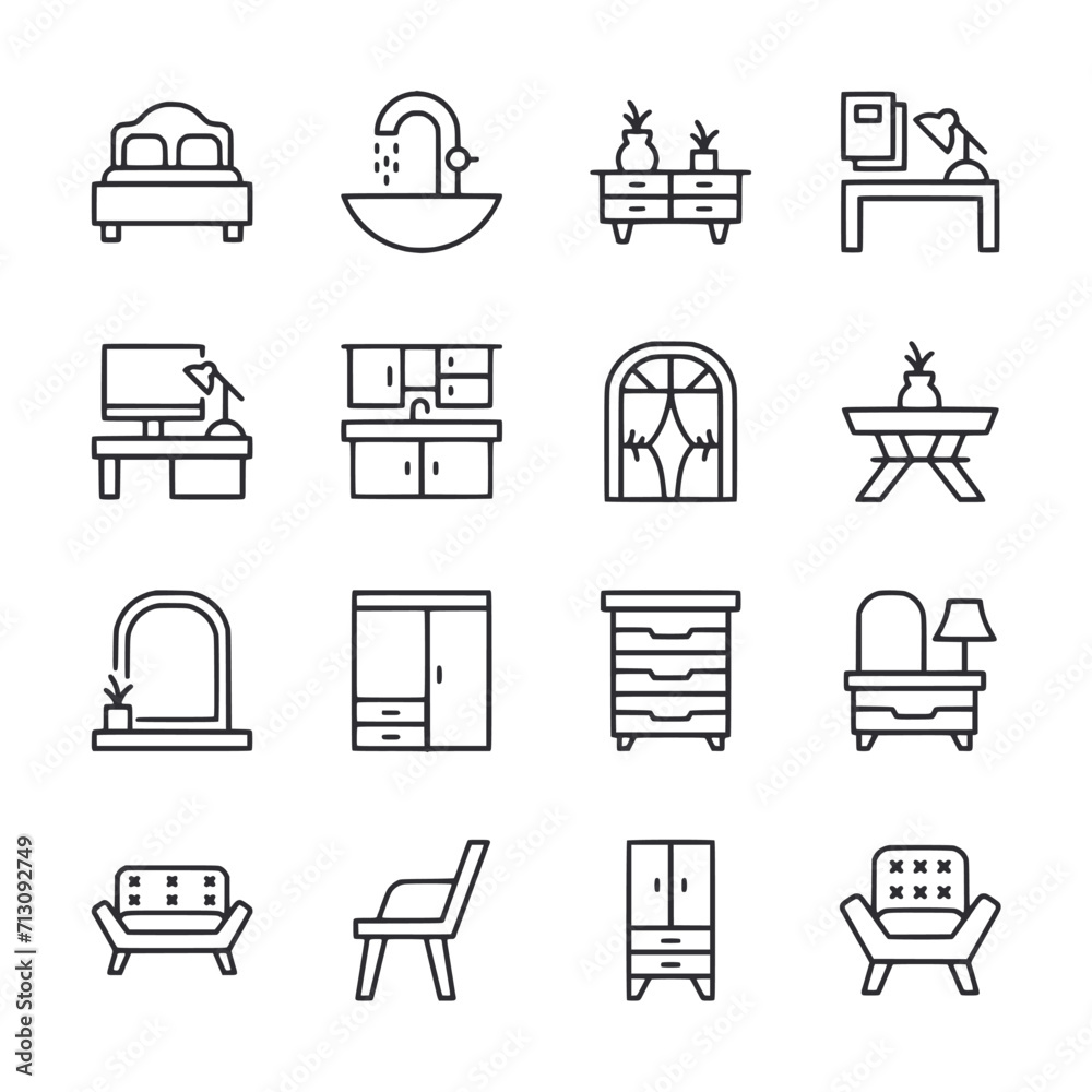 Set of furniture icon for web app simple line design - obrazy, fototapety, plakaty 