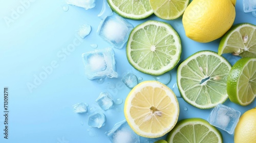Lime wedges and mint in glasses with ice on a blue background.