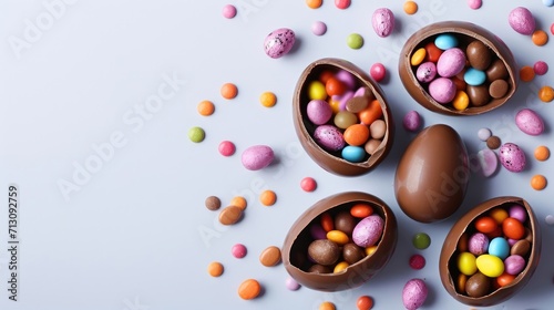 Chocolate Easter eggs filled with a colorful assortment of candy, beautifully presented on a soft blue background with scattered sweets around