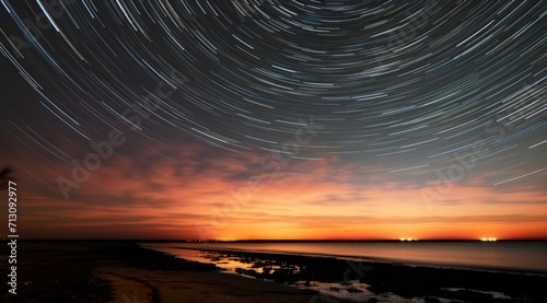 Star trails circling around the North Star over a desert landscape © Rozeena