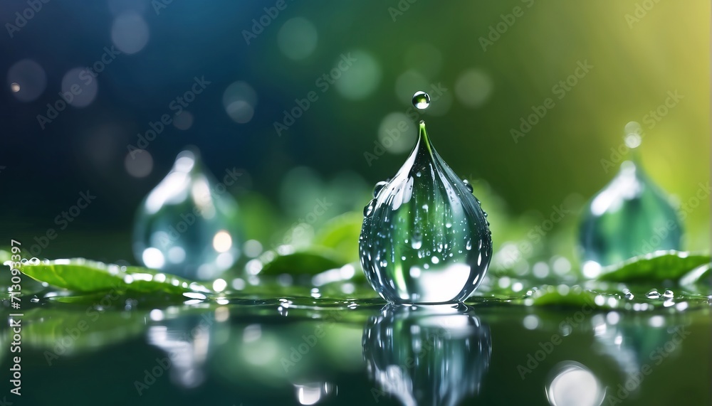 Water dew drop reflection. decoration with soft focus light and bokeh background