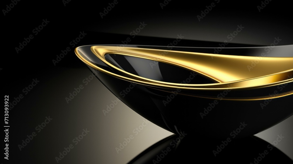 A black and gold bowl with a curved edge. Generative AI.