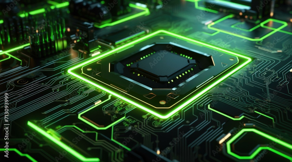 A vibrant neon green and black computer chip on a circuit board, emitting a mesmerizing glow. Generative AI. A vibrant neon green and black computer chip on a circuit board, emitting a mesmerizing glow. Generative AI.