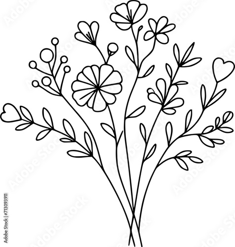 Line art Bouquet of Flower, Bunch of flowers illustration, Aesthetic flower Hand drawn, foliage  