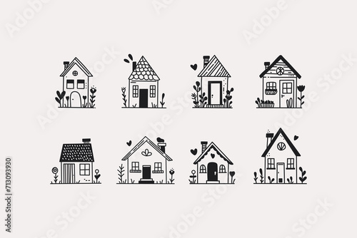 Doodle line house set. Outline tiny country houses with roofs, windows and doors, minimal residential real estate with floral element. Vector collection