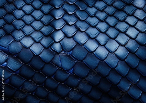 A luxurious navy blue reptilian texture with intricate scale patterns on a dark background. Generative AI.