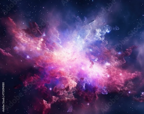 A stunning cosmic explosion of purples  pinks  and blues resembling a galaxy. Generative AI.