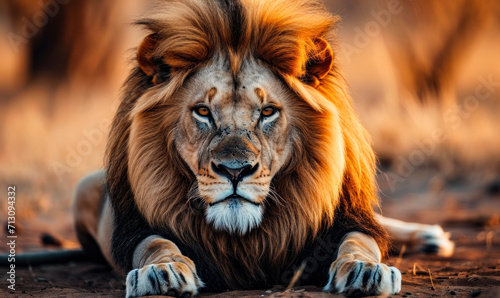 Intense gaze of a majestic lion resting on the savannah  his mane framing a face full of power and nobility against the warm earth tones of his natural habitat