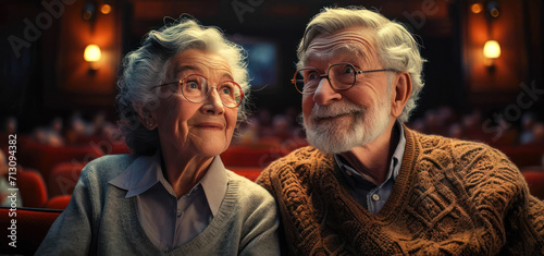 Elderly couple enjoying a captivating movie together, sharing a moment of leisure and entertainment in the warm glow of a theater setting