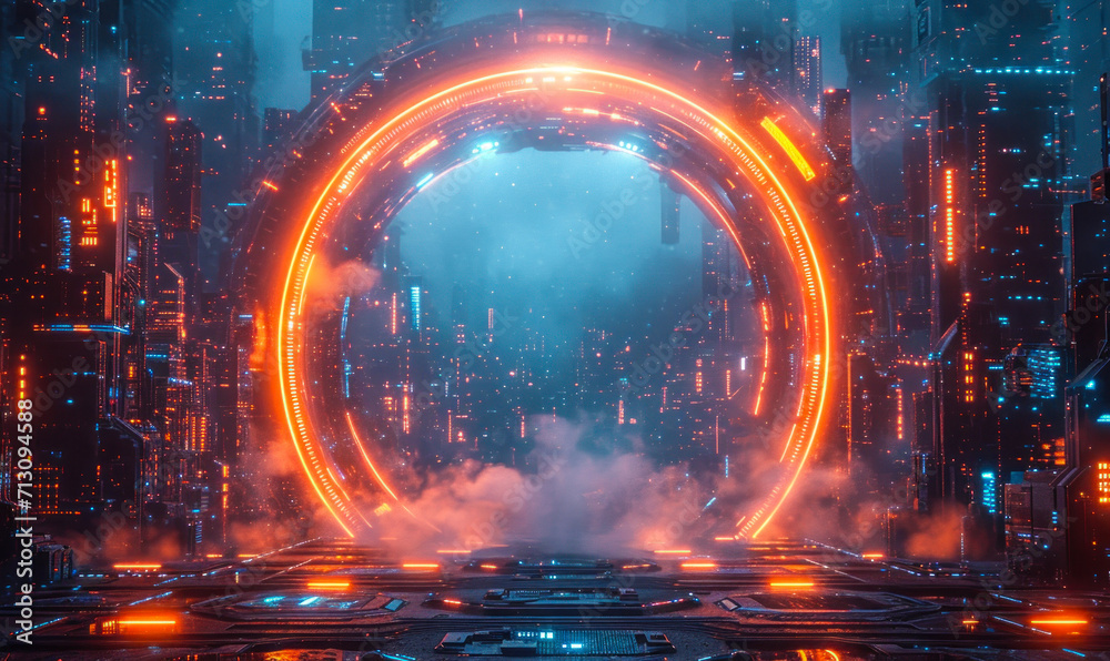 Futuristic cybernetic portal with glowing neon lights and digital elements forming a circular frame around a central tech core in a sci-fi environment - obrazy, fototapety, plakaty 
