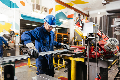 Male worker working in workshop at factory with metal cutting machine