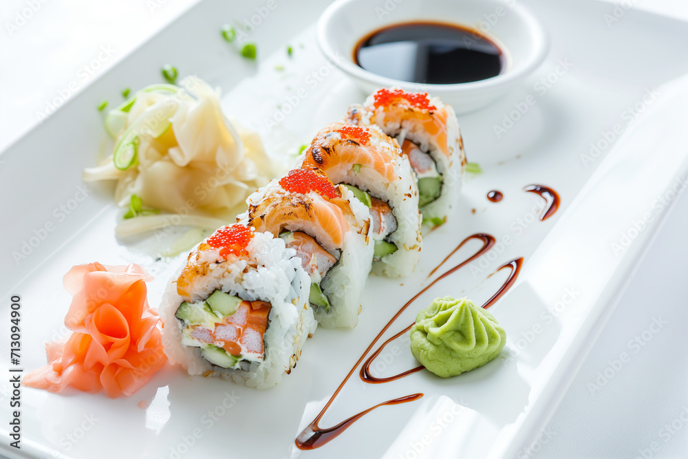 Sushi Delight: California Rolls with Caviar Topping and Traditional Sides Sushi Delight: California Rolls with Caviar Topping and Traditional Sides