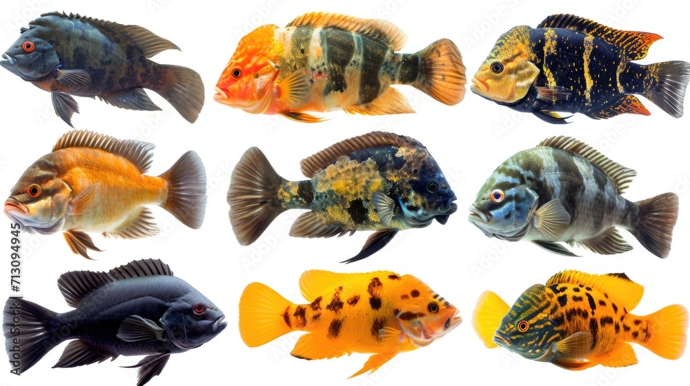 A collection of various fish species displayed on a white background. Ideal for educational purposes or aquarium-related content