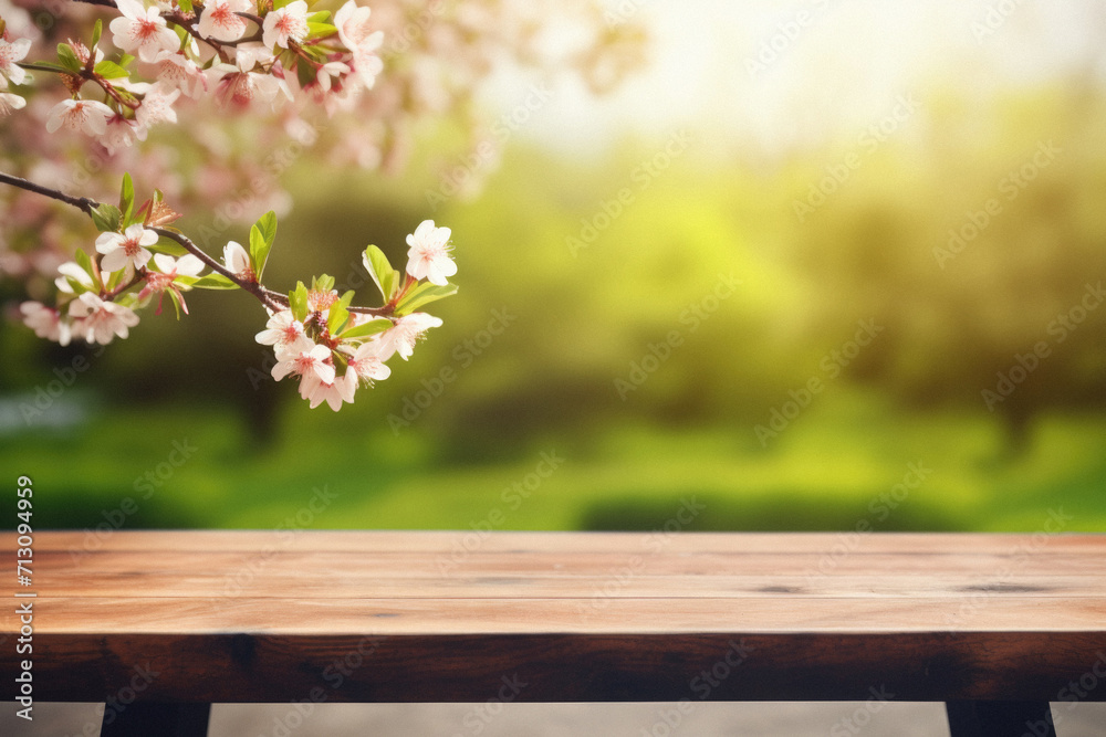 Wooden table spring nature bokeh background, empty wood desk product display mockup with green park sunny blurry abstract garden backdrop landscape ads showcase presentation. Mock up, copy space.