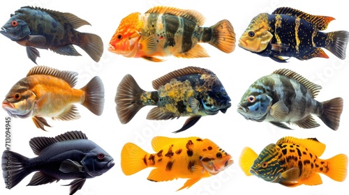 A collection of various fish species displayed on a white background. Ideal for educational purposes or aquarium-related content