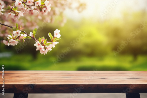 Wooden table spring nature bokeh background  empty wood desk product display mockup with green park sunny blurry abstract garden backdrop landscape ads showcase presentation. Mock up  copy space.