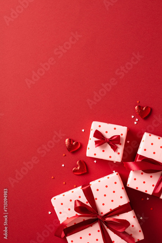 Valentine's Day background. Gift boxes with red ribbon bows, hearts, confetti on red background. Valentines day concept. Flat lay, top view, copy space