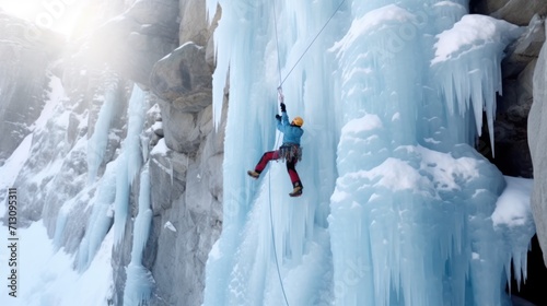 Athlete climbing cliff covered with ice, using ice axes, and piercing front crampons right onto the ice engaging in winter sports.