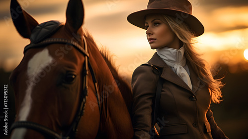 Young woman rider with her horse in evening sunset