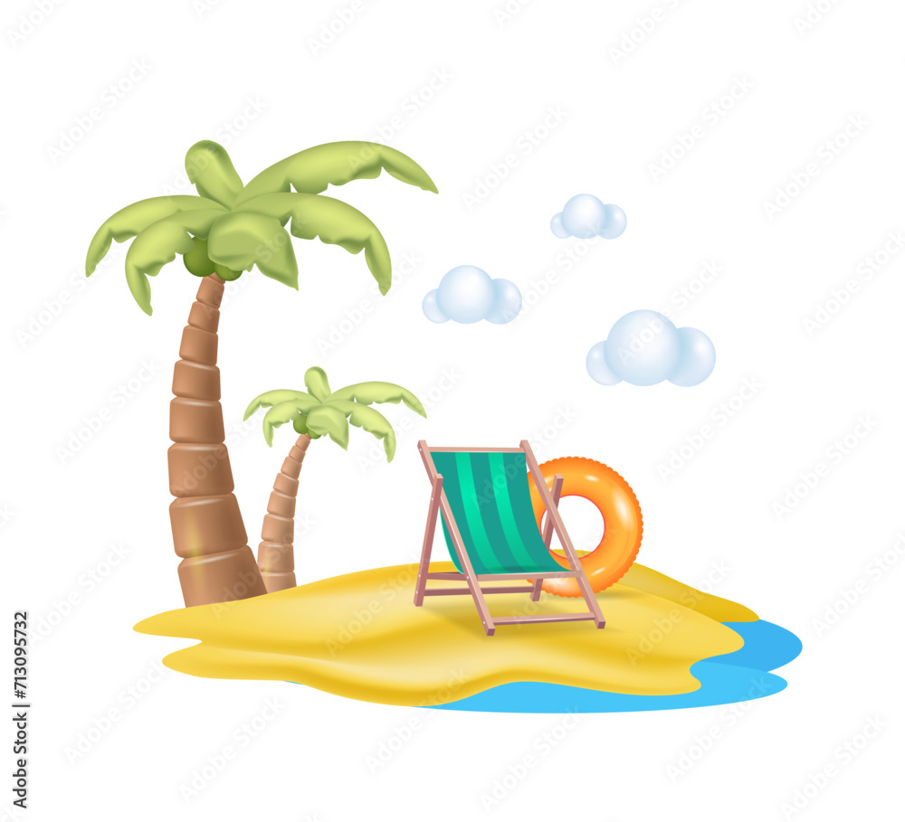Obraz premium Sunny day, beach, coconut palm, summer tropical sandy island. Vacation in the tropics, sea, sun. Free space for copying, 3d