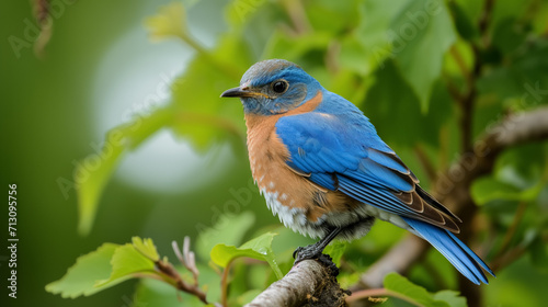 Bluebird perched on a green branch. © RISHAD