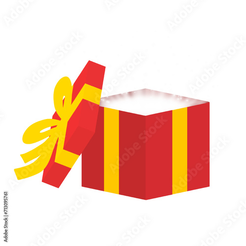 open red gift box with yellow ribbon bow and shining light illustration isolated on white and transparent background. present suprise box sale vector. open lid on the side of 3d red gift box