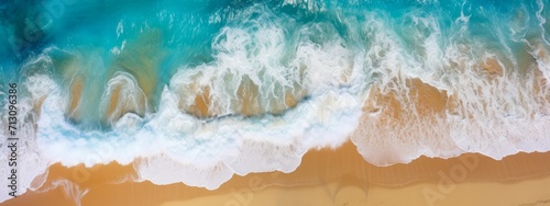 Landscape seascape summer vacation holiday waves surf travel tropical sea background panorama - Turquoise ocean water and sand beach, coastline, seascape from above, drone shot style, top view